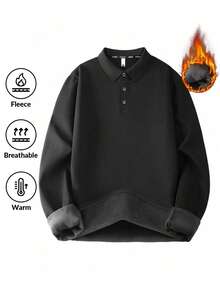 ملابس علوية بولو شتوي دافئ من الفرو للرجال، كارديجان أزرار نصفي كاجوال، تي شيرت محبوك بلون سادة بسيط، مناسب للرياضة الخارجية والارتداء اليومي في فصل الشتاء. - الأسود - مشاهدة 8