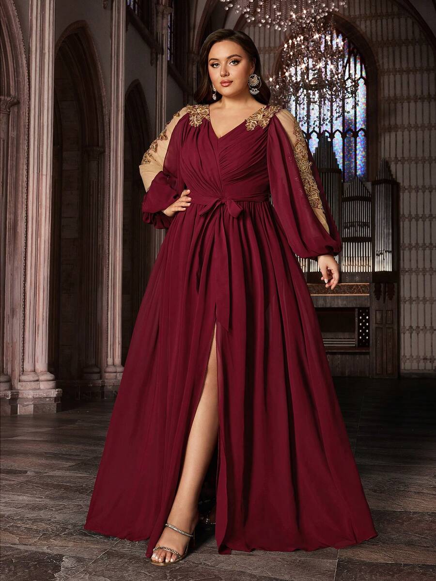 Design Sense Solid Color Curve Plus Size Women Appliques Detailed V Neck Bishop Sleeve Formal Dress Elegant Evening Gown For Wedding Reception, Gala, Dinner, Award Ceremony, Charity Ball
