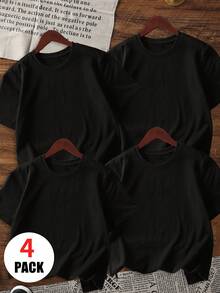 4件套男童及儿童纯白色圆领短袖T恤，柔软舒适，适合温暖天气穿着，儿童服装 - 黑色 - 查看 3