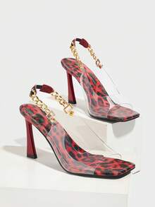 Queenigma Talons hauts sexy pour femmes avec chaîne métallique, imprimé léopard noir et rouge, sandales à bout et talon transparents, bride élastique à l'arrière, talon aiguille, chaussures élégantes pour soirée en boîte de nuit - Multicolore - Voir 6