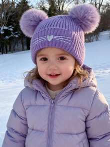Kids Knitted Knitted Hat With Double Pom Poms And Heart Embroidery, Ear Warmer, Autumn/Winter - Double-ball Embroidered Heart Knitted Hat - View 4