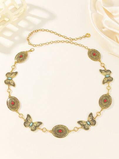 1 chiếc thắt lưng nữ màu vàng cổ điển - họa tiết bướm và đá quý, món quà hoàn hảo cho những người yêu thích phong cách boho thanh lịch, phù hợp cho các sự kiện lễ hội, trang phục hàng ngày và thời trang đường phố, một món quà sành điệu dành cho các quý cô yêu thích phong cách retro lấy cảm hứng từ bướm.