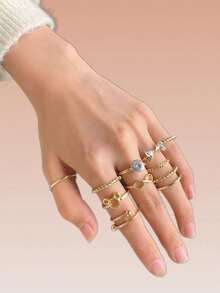 11件/套 花朵蝴蝶结水钻镶嵌永恒戒指 - 金色 - 查看 2