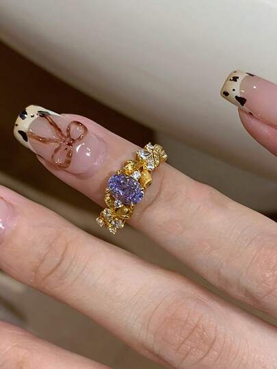 Elegant Purple Resin Flower Ring With Rhinestone Inlay, Luxury Women's Fashion Ring