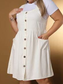 Plus Size Linen Short Dress With Button And Pocket, New Model. - White Off - View 4