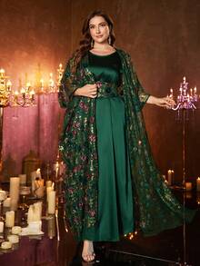 UNITHORSE Plus Women's Round Neck Batwing Sleeve Sequin Patchwork Mesh Embroidered Belt 2 Pieces Turkish Robe - Dark Green - View 3