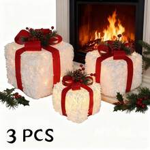 Juego de 3 cajas de regalo navideñas iluminadas, adornos navideños para exterior, adornos para árbol de Navidad, cestas de regalo navideñas iluminadas para decoración de jardín (blanco, 15/20/25 cm) - A - Ver 2