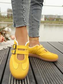 女士新款时尚休闲学院风平底舒适百搭玛丽珍鞋，复古系带德比鞋 - 黃色 - 查看 5