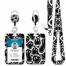 Black White Smi.Ley Face Lanyards For ID Badges, Hippie ID Badge Holder With Lanyard Retractable Badge Holder/Reel Lanyard, Teacher Student Office Gifts,BlackWhiteSmi.LeyFace - 黑白笑臉 - 查看 1