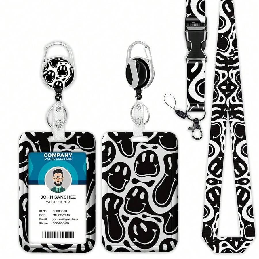 Black White Smi.Ley Face Lanyards For ID Badges, Hippie ID Badge Holder With Lanyard Retractable Badge Holder/Reel Lanyard, Teacher Student Office Gifts,BlackWhiteSmi.LeyFace - 黑白笑臉 - 查看 1