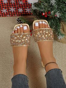 Women's Flat Sandals, Fashion Casual Pearl & Rhinestone Embellished, Summer Outdoor Beach Slip-On Open Toe Elegant Slides - Gold - View 2