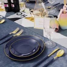 150PCS Blue Plastic Plates With Gold And Silverware Set Featuring Blue Handles For Wedding Party And Halloween Events Includes 30 Sets Of Disposable Dinnerware With Forks Spoons And Knives For Large Gatherings - Blue - View 5