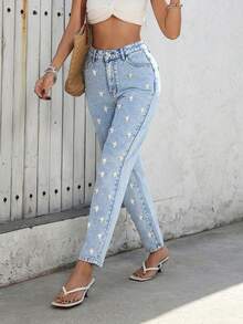 Happy Girl Summer Women's Casual Fashion Minimalist Music Festival Casual Cute Elegant Denim Daisy Embroidered Ladies Jeans Pants - Blue - View 2