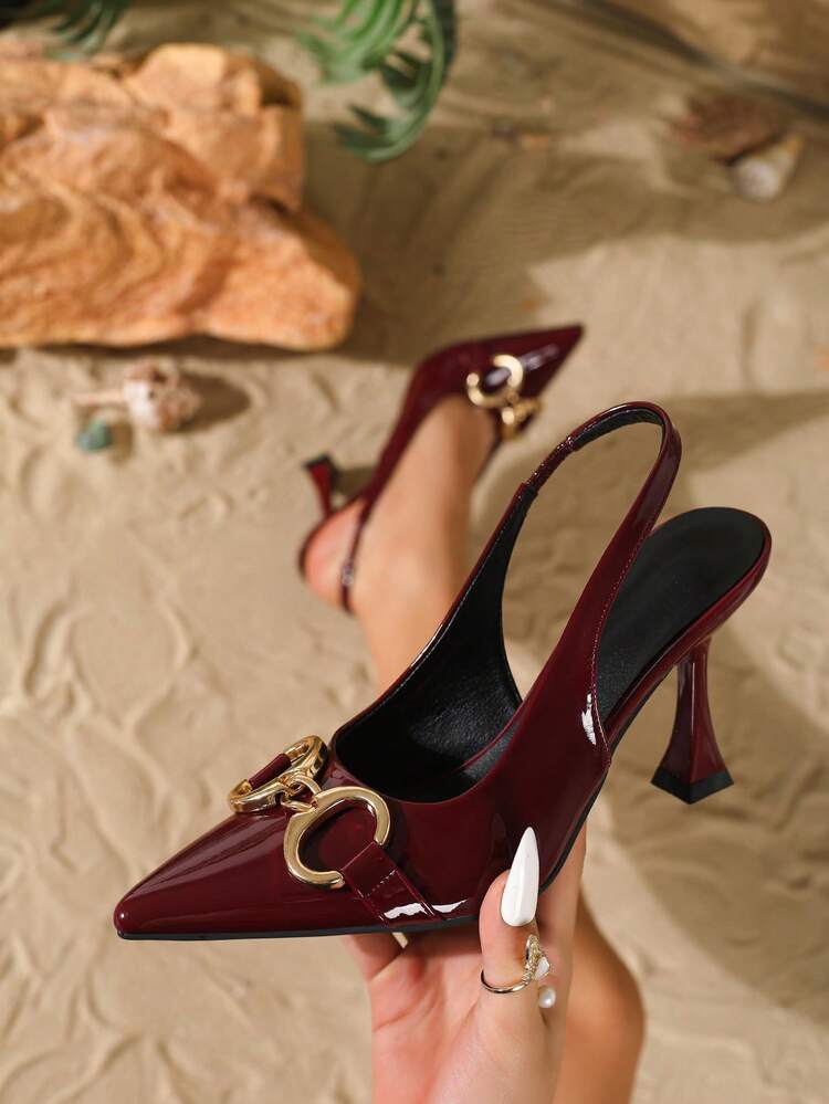 9cm Pointed Toe Stiletto High Heel Pumps, Elegant Slip-On Dress Shoes With Metal Decor, Suitable For Daily Wear, Party, Christmas, Thanksgiving, Valentine's Day, Date Night, Wine Red,Burgundy Heels - Burgundy - View 1