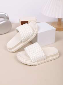 Kids' Fashion Slippers, New Summer Thick Bottom Woven Design Stylish & Comfortable Flat Slides, Unisex - Beige - View 4