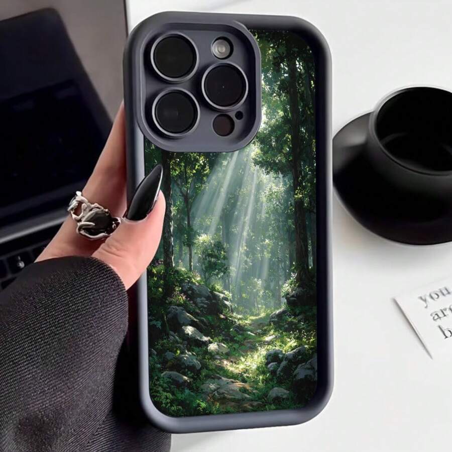 Cubierta de teléfono con borde protector negro con estampado de bosque mágico y rayos de sol para uso diario y viajes - Café integral - Ver 1