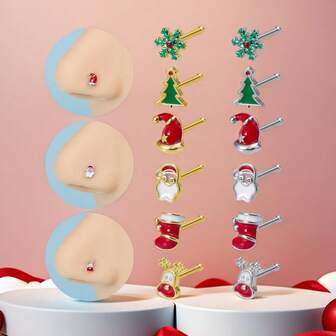20G Christmas Nose Studs Rings For Women Men- Stainless Steel Santa Claus, Christmas Tree, Xmas Gift Piercing Jewelry
