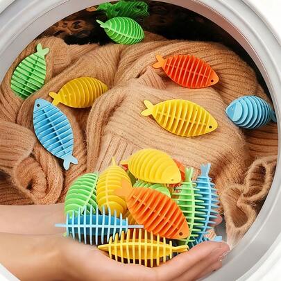 可重复使用的衣物除毛球，硅胶防绒毛收集器，缩短烘干时间，减少静电和褶皱，适用于洗衣机，可用于衣物、毯子、毛巾等。鱼形烘干球，宠物毛发去除器，家用洗衣工具，家居必备，洗衣配件，清洁用品，洗衣用品