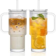 2PCS Textured Glass Cups With Handles And Lids – Large Capacity Iced Coffee Cups With Straws, Modern Glass Mugs Suitable For Hot And Cold Drinks, Stylish Travel Cups For Smoothies, Tea, Soda, And Juice