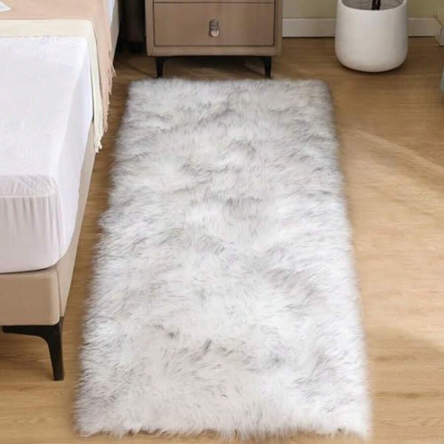 Fluffy Faux Fur Runner Rug 2x6 For Bedroom White With Grey Tips Faux Sheepskin Rug Bedside Dorm Washable Shaggy Plush Rectangle Perfect For Living Room Entryway Or Hallway Cozy Soft Texture Ideal For Home Decor And Warmth In Any Season - 2x6Rectangular - View 1