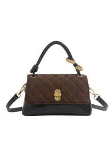 Women's Square Flap Handbag, PU Patchwork Embroidered Diamond Pattern, Elegant Autumn/Winter, Crossbody Shoulder Bag In Coffee Color - Coffee - View 11