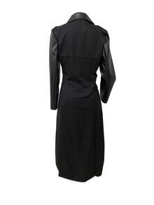 女士时尚开衫，翻领，双排扣，带口袋，PU拼接，宽松休闲长袖外套（带内衬） - 黑色 - 查看 4