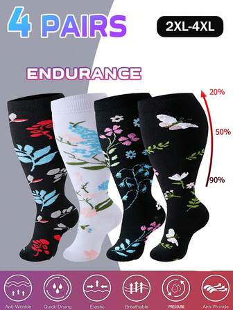 4 Pairs Plus Size Floral Knee-High Support Socks For Women & Men, Breathable Athletic Pressure Socks For Running, Gym, Travel & All-Day Comfort