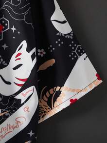 日式复古宽松七分袖印花和服罩衫，休闲沙滩度假泳装罩衫，夏季轻薄和服外套