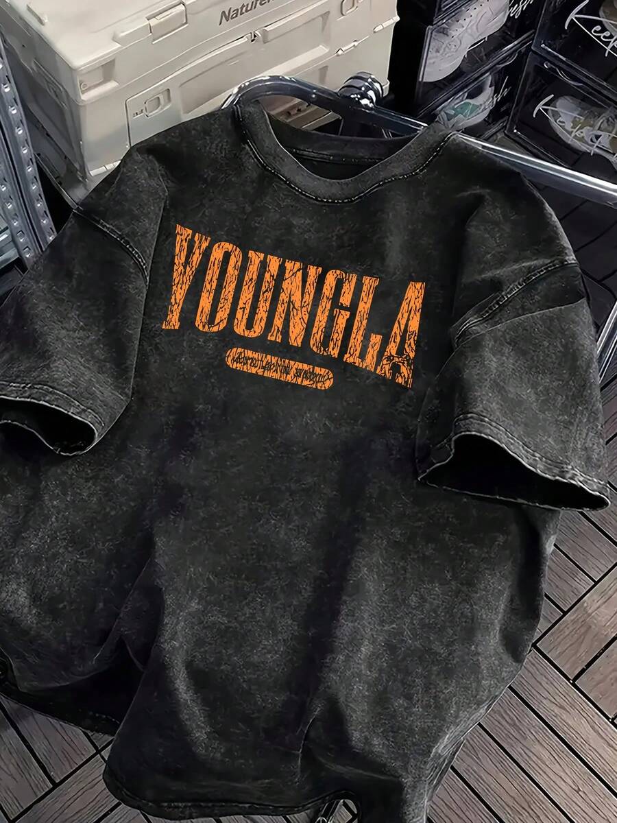 Men's Oversized Heavyweight 100% Cotton Vintage Washed YOUNGLA Graphic T-Shirt - Loose Street Style Printed Top, Bold Lettering Design, Distressed Effect, Big & Tall Crewneck Short Sleeve Casual Shirt For Men And Teens, Spring Summer Fall Daily Wear - Đen C - Xem 1