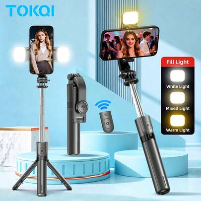 TOKQI Palo de selfie trípode, iluminación opcional, palo de selfie trípode telescópico portátil con control remoto inalámbrico y soporte de trípode, ligero y compacto, compatible con múltiples dispositivos