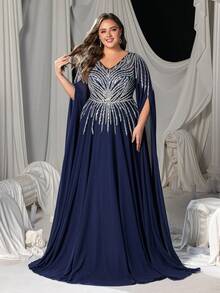 Váy dạ hội trang trọng cổ chữ V sâu cỡ lớn dành cho nữ có khóa kéo phía sau, thêu kim sa và hạt cườm toàn bộ, tay dài trong suốt, dáng chữ A thanh lịch và tôn dáng cho các buổi dạ tiệc đen, tiệc chiêu đãi lớn, buổi tối xem opera, tiệc rượu và vũ hội từ thiện - Màu xanh hải quân - Xem 5