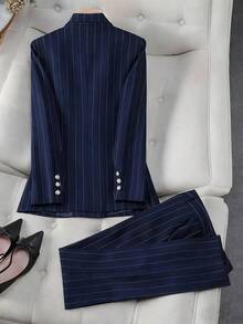 HOMEYEE Striped Fabric Retro Casual Elegant Business Professional Plus Size Suit Pants & Jacket Set