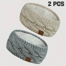2-Pack Women's Autumn Winter MOK Logo Fleece Knitted Headband Suitable For Cold Weather Outdoor Sports Warm Ear Protection Headband - Đen + Be - Xem 8