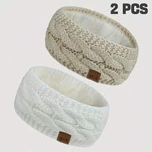 2-Pack Women's Autumn Winter MOK Logo Fleece Knitted Headband Suitable For Cold Weather Outdoor Sports Warm Ear Protection Headband - Đen + Be - Xem 5