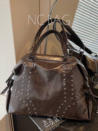 1个女士复古大容量单肩手提包，时尚PU铆钉通勤包