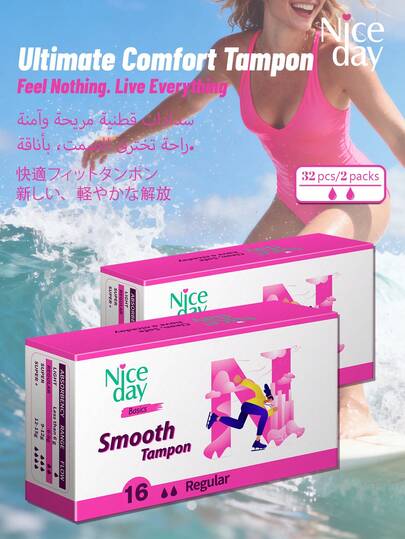 Niceday 32pcs/2 Boxes Premium Waterproof Sanitary Tampons, Regular Absorbency, Short Tampons, Suitable For Swimming And Surfing
