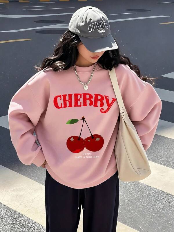 Teen Girl Cherry Printed Long Sleeve Round-Neck Loose Fit Sweatshirt, Suitable For Autumn/Winter,Suitable For Daily Wear, Party, School, Attending Music Festivals, Vacation, Commuting
