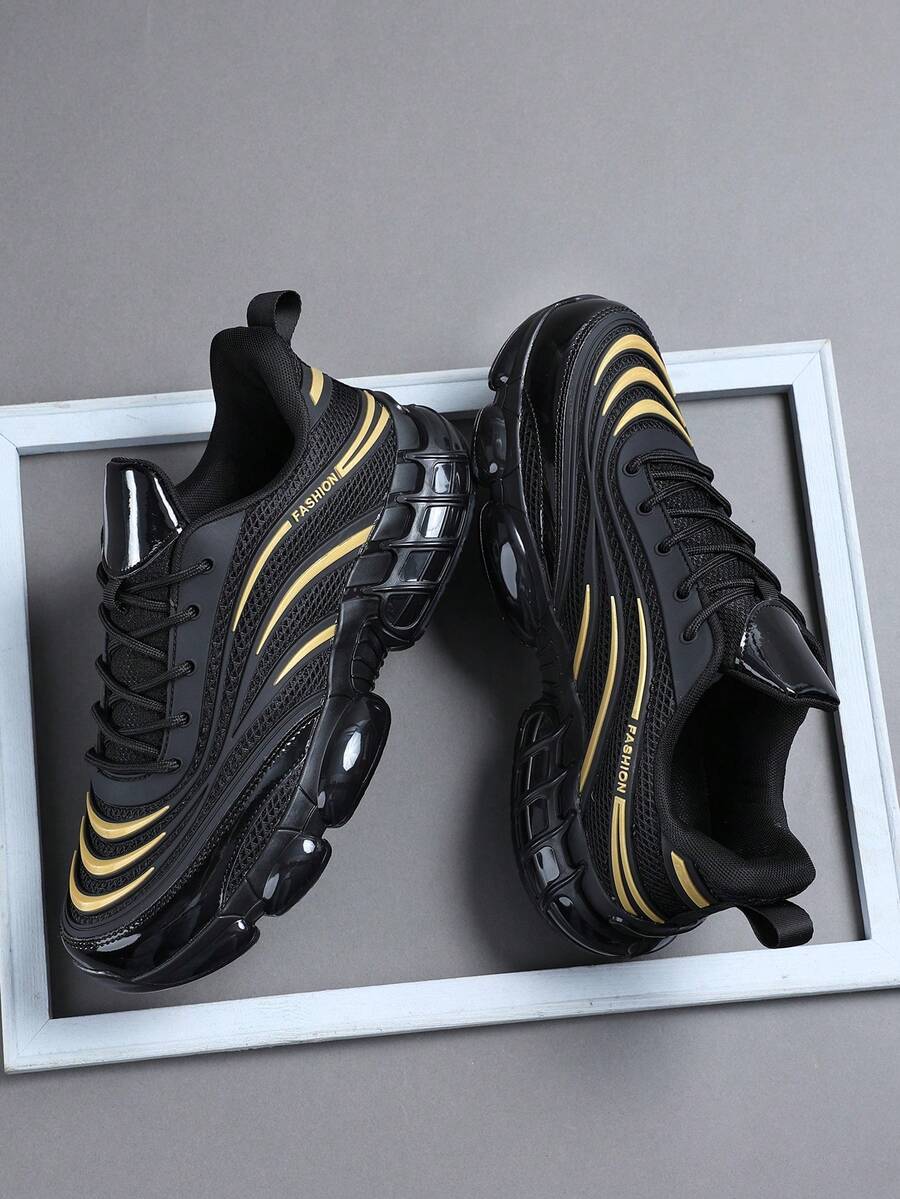 低帮男士运动鞋运动鞋男士休闲跑步鞋慢跑鞋男士步行鞋日常时尚鞋类网球街头服饰 - 金色 - 查看 1