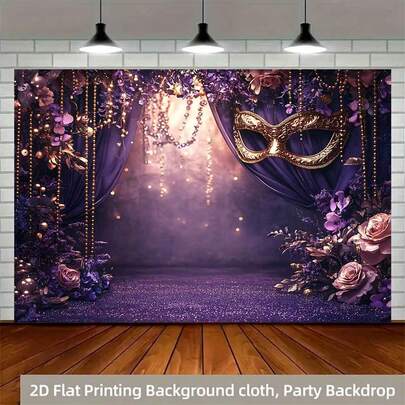 2D แบนเนอร์แบน 1 ชิ้น ฉากงานเลี้ยงสวมหน้ากากสีม่วงมีเสน่ห์ด้วยดอกไม้และกลิตเตอร์ เหมาะสำหรับฉากหลังปาร์ตี้คาร์นิวัล การตกแต่งห้องและบ้าน ศิลปะบนผนังสำหรับเทศกาล | ดีไซน์สดใส | แบนเนอร์ปาร์ตี้ทนทาน ของตกแต่งปาร์ตี้