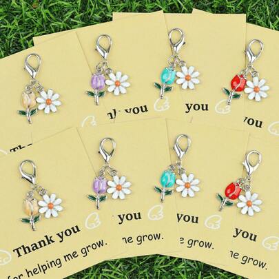 Bộ 8 móc khóa hoa cúc và hoa tulip tím đơn giản, kết hợp với thiệp tri ân "Cảm ơn bạn đã giúp tôi trưởng thành", móc khóa hoa tinh tế, thích hợp cho Ngày nhà giáo, kỷ niệm, mốc tình bạn, quà tặng tri ân hàng ngày, dành cho những người yêu thích hoa, có thể dùng làm móc khóa và móc túi