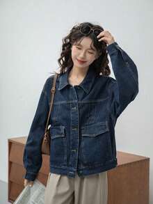 Áo khoác denim xanh đậm cổ điển dành cho nữ, áo khoác cargo dáng rộng thoải mái, phù hợp cho mùa xuân và mùa thu - Màu xanh lam - Xem 6