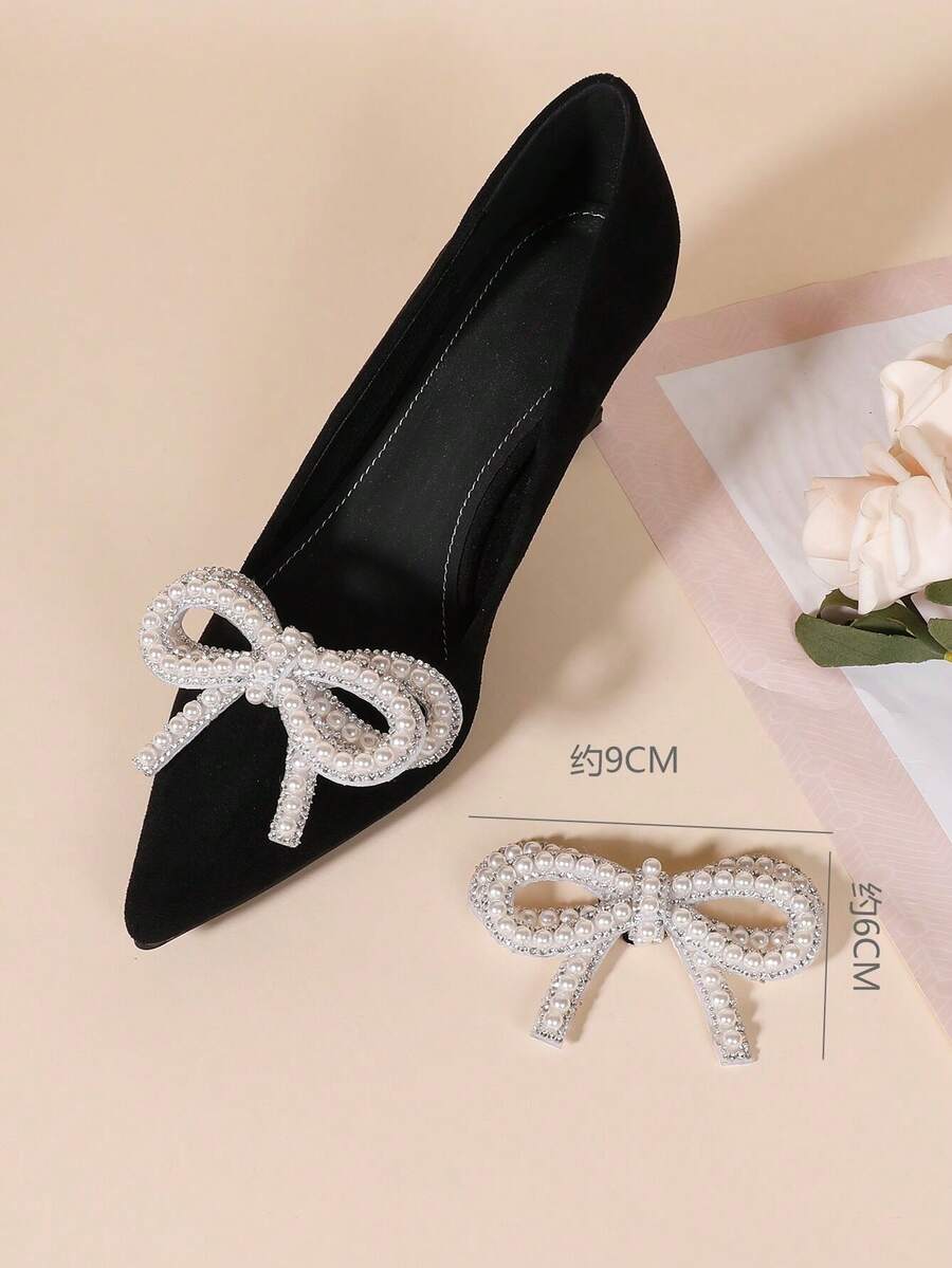 1 Pair New Fashion Pearl Shiny Bow Decor Shoe Clips, Removable Shoe Accessories Suitable For Women High Heels, Sandals - Apricot - View 1