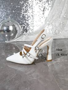 Women's Pointed Toe Stiletto Heel White Fashion Belt Buckle Party Ladies High Heel Pumps, Backless High Heels - White - View 6