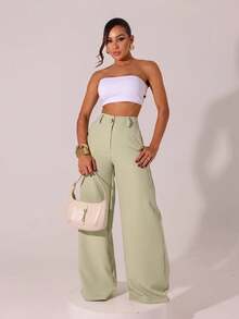 Women's Premium Tailored, High-Waisted, Wide-Leg Trousers With Interlining At The Waist And Pockets, Elegant Fashion Launch - Verde menta - Xem 3