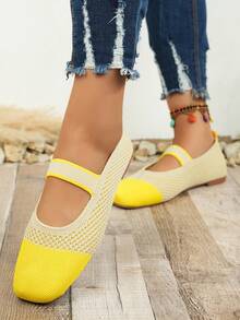 1 Pair Women's Knitted Square Toe Mary Jane Shoes, Beige & Contrasting Color Breathable Flat Shoes, Comfortable One-Piece Belt Casual Everyday Wear - Yellow - View 6
