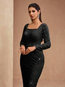 AMILUCK Women's Luxury Elegant Sequin, Sequins Gown Black Wedding Party - Black - View 4