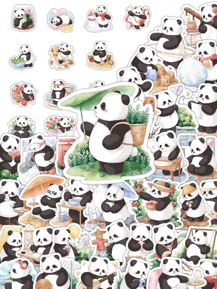 53张水彩熊猫生活贴纸，美观治愈系角色贴纸，适用于手账DIY，温馨日常场景乙烯基贴纸套装，适用于笔记本电脑平板电脑，点亮您的每一天，剪贴簿贴纸