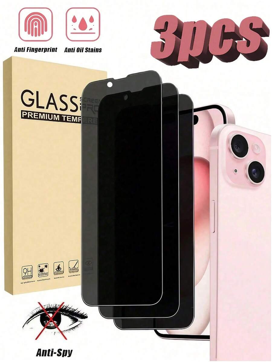 3pcs Privacy Screen Protector Compatible With IPhone 15/15 Plus/15 Pro/15 Pro Max/14/14 Plus/14 Pro/14 Pro Max/13 Mini/13/13 Pro/13 Pro Max/12 Mini, Compatible With IPhone 16/16 Pro/16 Plus/16 Pro Max/17/17 Air/17 Pro/17 Pro Max, Tempered Glass, Anti-Scratch, Anti-Fingerprint, Anti-Drop, Anti-Peeping, Perfect Fit With Phone Case - Black - View 1