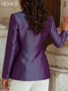 DONICY Áo khoác cardigan dáng blazer nữ màu trơn mùa xuân/hè, cài một hàng khuy, có túi giả ở eo, lót trong, kiểu dáng retro sang trọng, màu tím đô thị, thích hợp cho hẹn hò, mua sắm, công sở, tiệc sinh nhật, ngày Valentine, lễ hội. - Màu tím - Xem 2