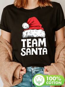 Camiseta de Navidad para Mujer con Estampado de Santa - Manga Corta y Cuello Redondo, Diseño Divertido con Gorro de Santa y Letras, 100% Transparencia, Ideal para Fiestas Todo el Año, Lavable a Máquina (Negra/Blanca), Ropa Festiva Ligera y Casual - Oscuro - Ver 3